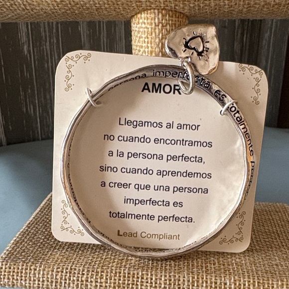 Jewelry - Silver Tone Heart Charm Bangle Bracelet - Inspirational Tag